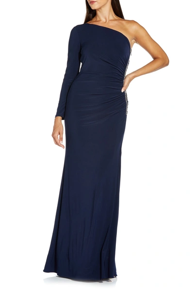 Shop Adrianna Papell One-shoulder Embellished Gown In Midnight