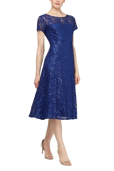 Shop Slny Cap Sleeve Metallic Lace Dress In Iris