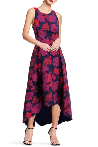 Floral High low Jacquard Dress In Navy Multi