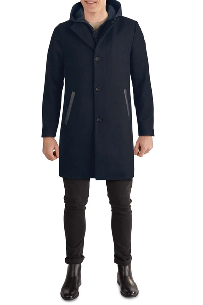 Shop Kenneth Cole Hooded Mixed Media Coat In Navy
