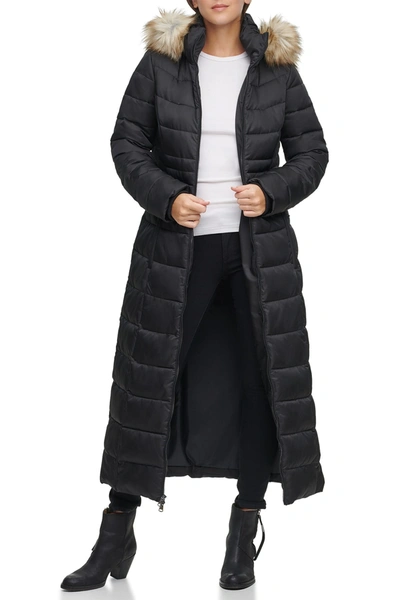 Shop Kenneth Cole Faux Fur Hood Zip Front Puffer Jacket In Black