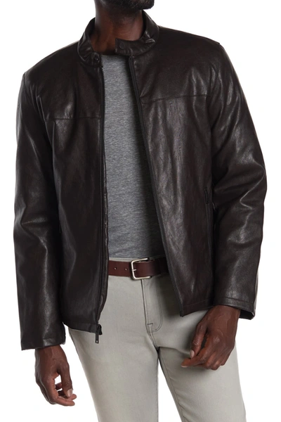 Shop Dkny Faux Leather Stand Collar Jacket In Dark Brown