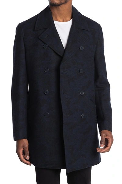 Shop Dkny Camo Double Breasted Overcoat In Navy/black