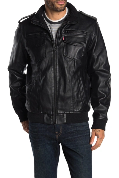 Shop Levi's Faux Leather Faux Shearling Lined Aviator Bomber Jacket In Black