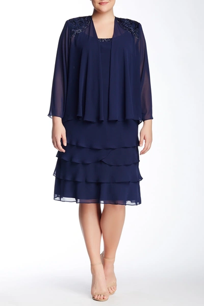 Shop Slny Embellished Tiered Dress With Jacket In Navy