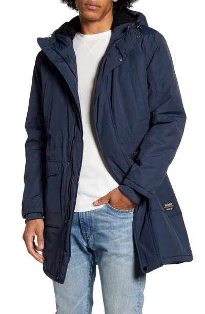 Shop Wesc Faux Shearling Hood Parka Jacket In Blueberry