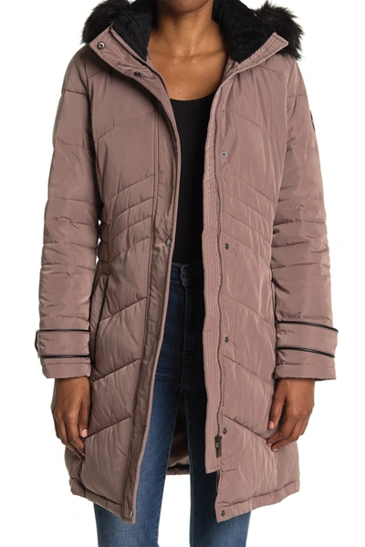 Shop Dkny Button Down Coat With Faux Fur Hood In Taupe
