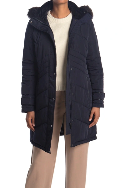 Shop Dkny Button Down Coat With Faux Fur Hood In Navy