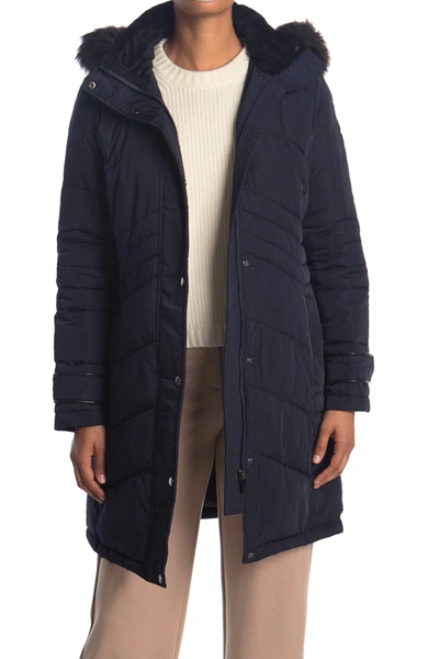 Shop Dkny Zip Front Coat With Faux Fur Hood In Titan
