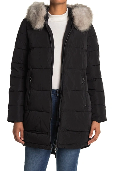 Shop Dkny Zip Front Coat With Faux Fur Hood In Black