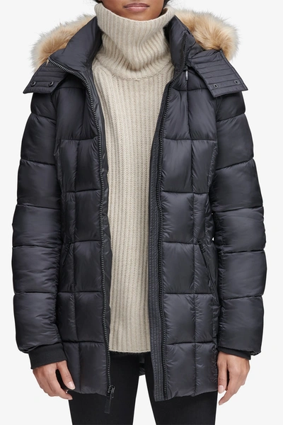 Shop Andrew Marc Maddy Quilted Faux Fur Trim Hooded Puffer Jacket In Black