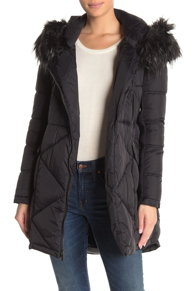 Shop French Connection Asymmetrical Zip Faux Fur Trim Hood Quilted Coat In Black