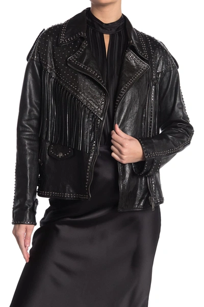 Shop Valentino Studded Fringe Leather Moto Jacket In Nero