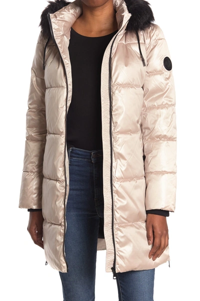 Shop Dkny Puffer With Faux Fur Trim Hood In Chp Champagne
