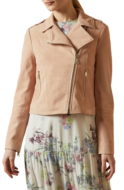 Shop Ted Baker Elexa Suede Moto Jacket In Baby-pink