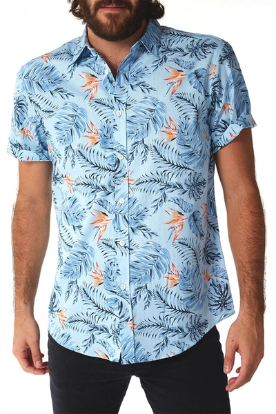 Shop Px Slub Tropical Floral Print Regular Fit Shirt In Light Blue