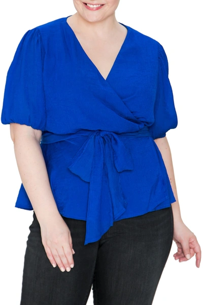 Shop A.calin Surplice Bubble Sleeve Wrap Top In Royal Blue