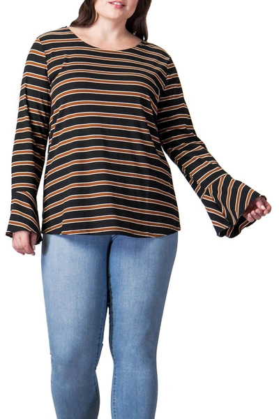 Shop A.calin Striped Bell Sleeve Top In Black