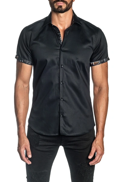 Shop Jared Lang Woven Short Sleeve Trim Fit Shirt In Black