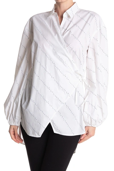 Shop Ganni Printed Cotton Poplin Wrap Shirt In Bright White