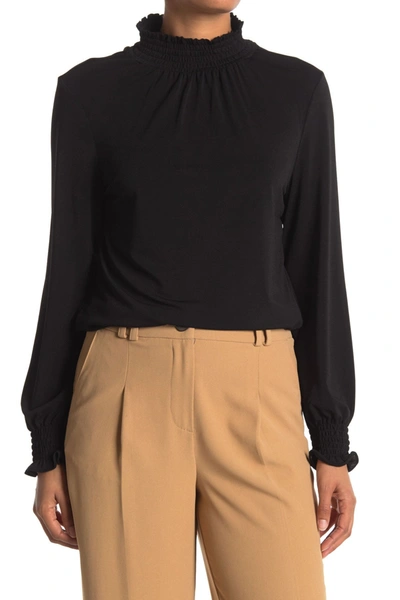 Shop Adrianna Papell Mock Neck Long Sleeve Crepe Top In Black