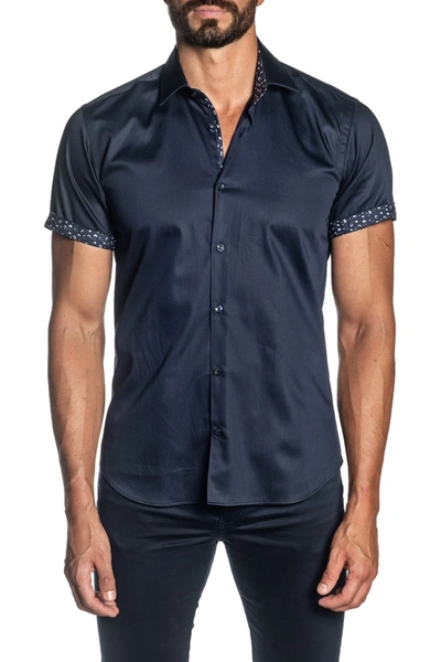 Shop Jared Lang Woven Short Sleeve Trim Fit Shirt In Xnavy