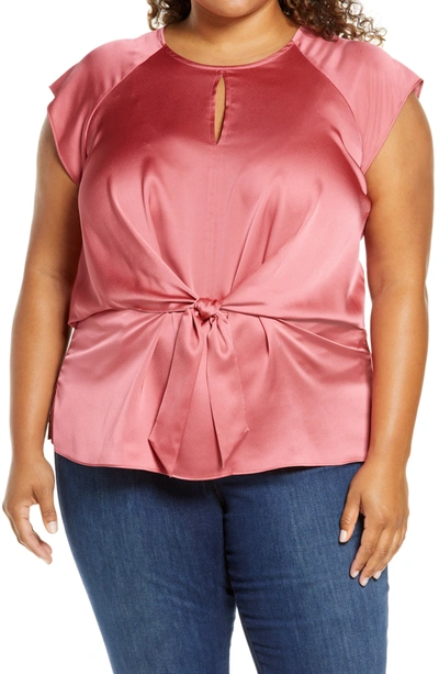 Shop Vince Camuto Keyhole Cap Sleeve Tie Satin Blouse In Coral Blossom