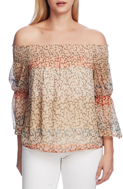 Shop Vince Camuto Smocked Off-the-shoulder Ditsy Top In Soft Willo