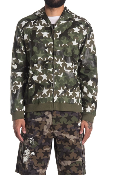 Shop Valentino Jersey Printed Zip Hoodie In Camoustars Army/whit