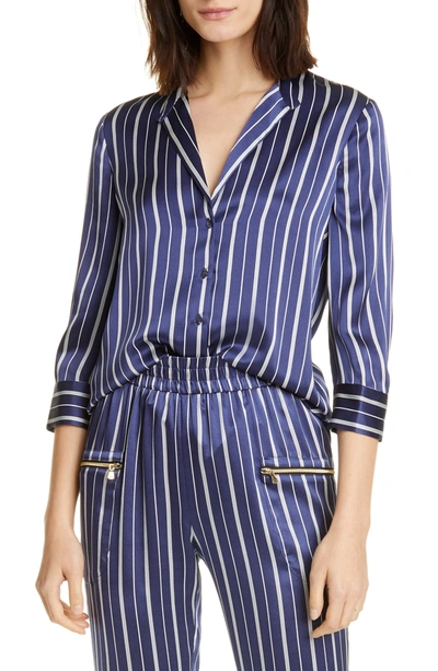Shop L Agence Aoki Striped Silk Shirt In Navyivory