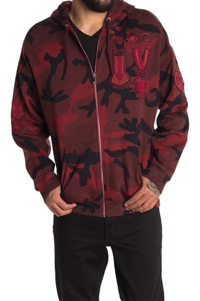 Shop Valentino Embroidered & Printed Zip Hoodie In Camou Red