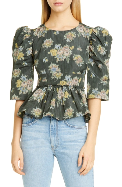 Shop Brock Collection Floral Print Puff Sleeve Peplum Top In 001 Black