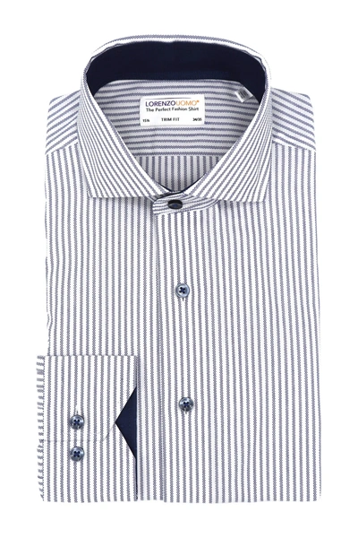 Shop Lorenzo Uomo Checkered Stripe Non-iron Trim Fit Dress Shirt In Navy