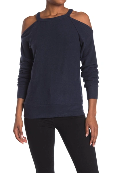 Shop Go Couture Cold Shoulder Knit Sweatshirt In Navy