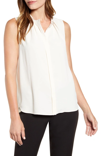 Shop Anne Klein Sleeveless Mandarin Collar Front Pleat Top In Anne Wht