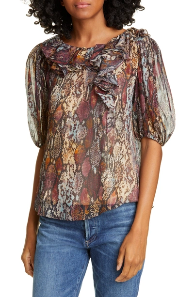 Shop Rebecca Taylor Snake Print Elbow Sleeve Ruffle Silk Blend Top In Multi Comb