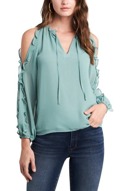 Shop 1.state Ruffle Cold Shoulder Top In Teal Lake
