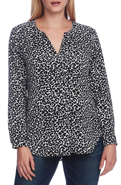 Shop Vince Camuto Split Neck Long Sleeve Snow Leopard Print Blouse In Rich Black