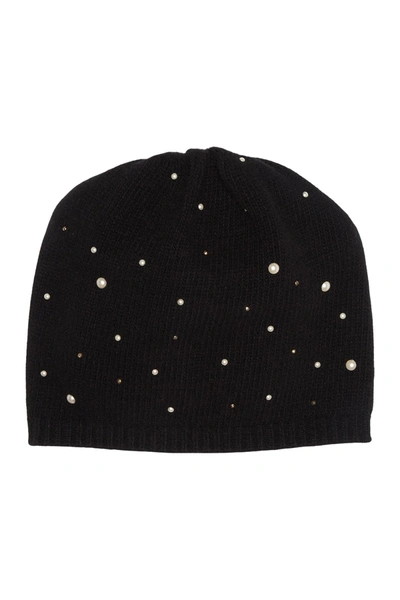 Shop Portolano Scattered Pearly Bead Cashmere Beanie In Black