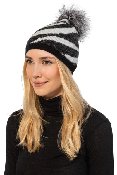 Shop Amicale Cashmere Fuzzy Zebra Print Beanie With Genuine Fox Pom In 014blkbk