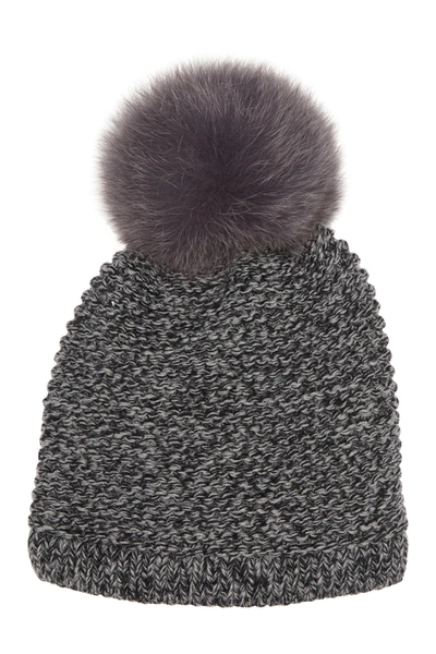 Shop Kyi Kyi Genuine Fox Fur Pompom Knit Beanie In Charcoal Marled