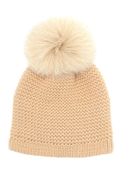 Shop Kyi Kyi Genuine Fox Fur Pompom Knit Beanie In Warm Sand