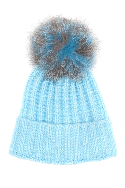 Shop Kyi Kyi Genuine Fox Fur Pompom Beanie In Stratosphere/l Blue