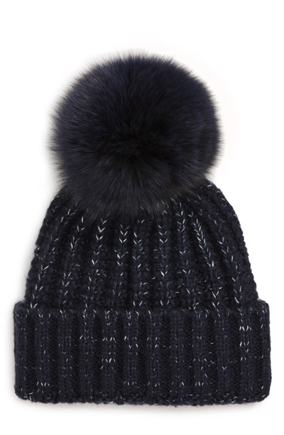 Shop Kyi Kyi Genuine Fox Fur Pompom Beanie In Navy/ Navy Pom