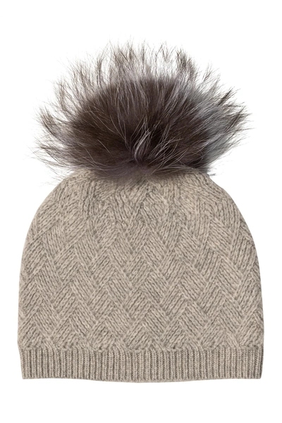 Shop Amicale Cashmere Diamond Stitch Knit Hat With Genuine Fox Pom In 050lgry