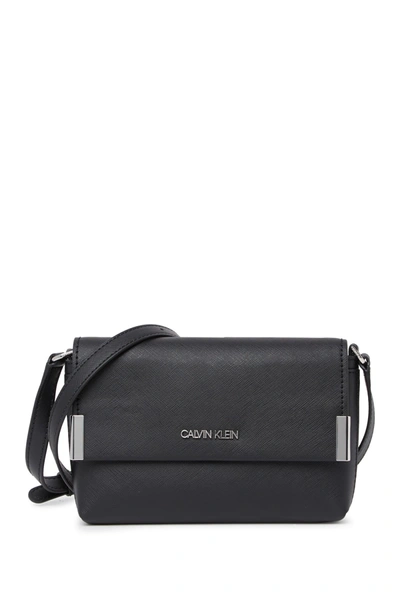 Shop Calvin Klein Saffiano Flap Crossbody Bag In Black Silv