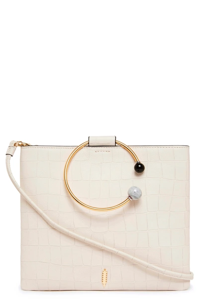 Shop Thacker Le Pouch Croc Embossed Leather Beaded Ring Shoulder Bag In Gardenia