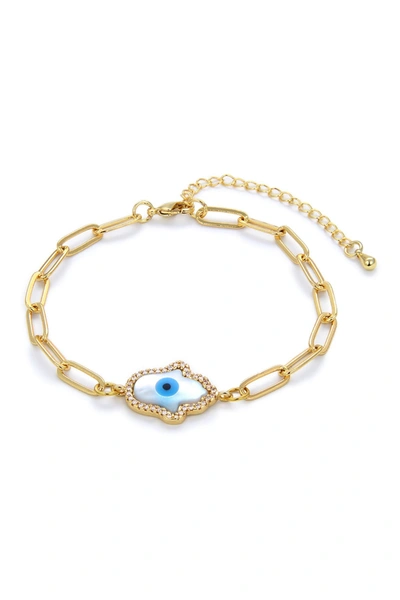 Shop Eye Candy Los Angeles Cz Trim Hamsa Charm Chain Link Bracelet In Gold