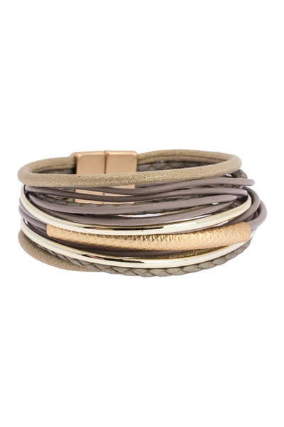 Shop Saachi Sophisticated Hammered Tube Leather & Faux Suede Multi-strand Bracelet In Taupe
