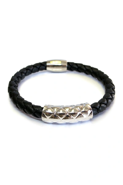 Shop Liza Schwartz Vacay Quilted Bar Braided Leather Bracelet In Silver-black
